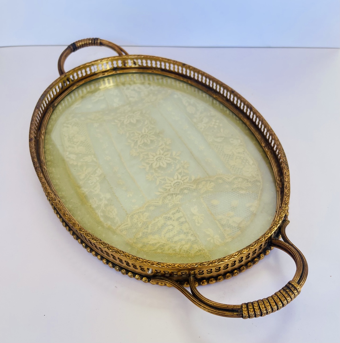 Brass Tray With Embroidery Under Glass -photo-7